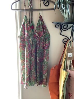 Paisley Tie-Strap Mini Dress in Green & Pink Karma Highway - unbranded